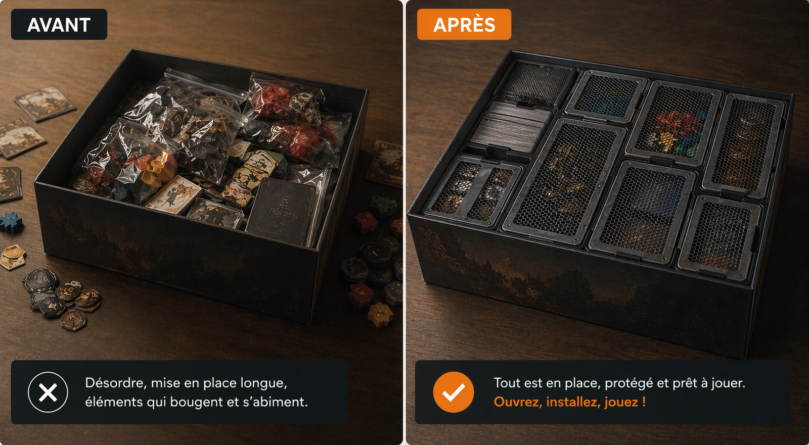 Avant et après le rangement d’un jeu de société avec un insert imprimé en 3D
